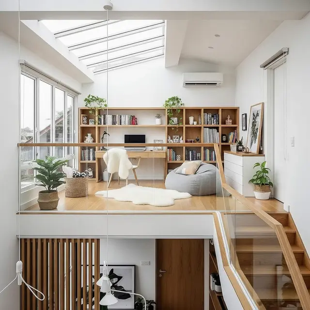 Desain Rumah Mezzanine Modern dengan Workspace Cozy di Atas