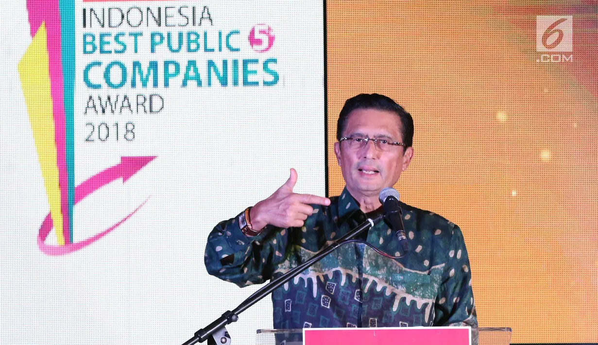 Presiden Komisaris Warta Ekonomi, Fadel Muhammad memberi sambutan pembuka penyerahan malam Indonesia Best Public Companies Award 2018 di Jakarta, Selasa (31/7). (Liputan6.com/Helmi Fithriansyah)