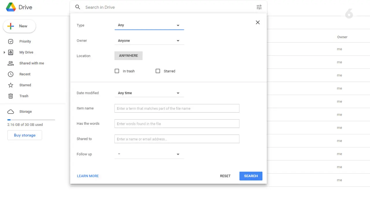 Search Option pada Google Drive