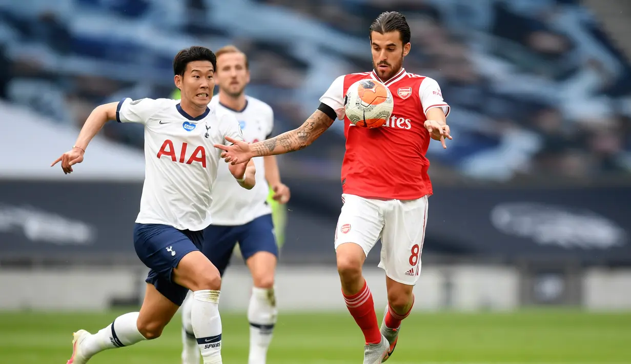 Gelandang Arsenal, Dani Ceballos berusaha mengontrol bola dari kejaran penyerang Tottenham Hotspur, Son Heung-min pada pertandingan lanjutan Liga Inggris di Stadion Tottenham Hotspur di London, Inggris, Minggu (12/7/2020). Tottenham menang tipis atas Arsenal 2-1. (Michael Regan/Pool via AP)