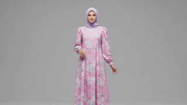 Gamis Motif Bunga Pastel dengan Lengan Balon