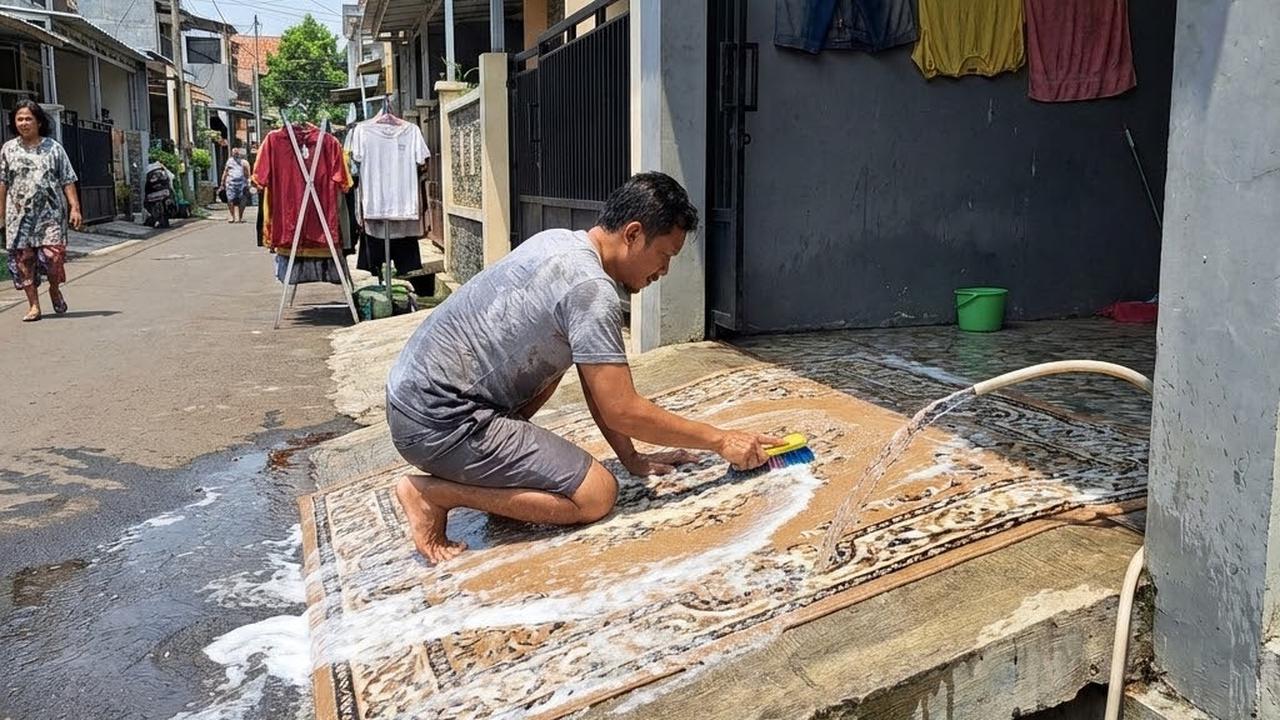 Mencuci karpet di depan rumah (Gemini AI)