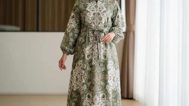 Gamis Batik Sage Organza Lengan Balon