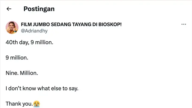 Cuitan Ryan Adriandhy di Twitter setelah film Jumbo tembus 9 juta penonton. (Foto: Dok. Instagram @Adriandhy)