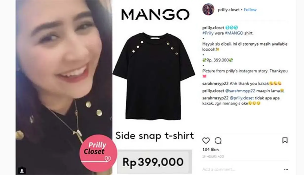 Dalam kesehariannya, Prilly Latuconsina tampaknya memang lebih seringterlihat berpenampilan kasual. Dan kaus hitam bermerek Mango ini menjadi salah satu koleksi item fashionnya, dan harganya pun hanya Rp 399.000. (Instagram/prilly.closet)