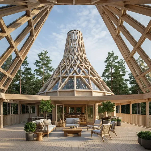 Model Teras Rumah Ala Skandinavia dengan Atap Kayu Terbuka yang Natural (Image by Gemini AI)