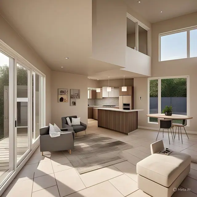 Desain Rumah Type 36 dengan Konsep Lantai Tanpa Sekat dengan Material Senada