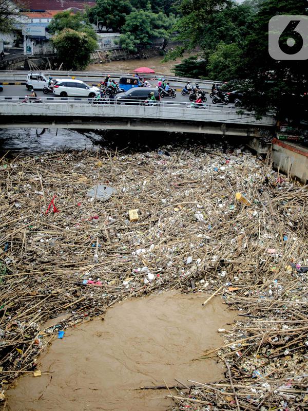 Tumpukan sampah kayu dan bambu yang tersangkut di Pintu Air Manggarai, Jakarta, Rabu (9/10/2019). Sekitar 80 ton sampah diangkut menggunakan alat berat. (Liputan6.com/Faizal Fanani)
