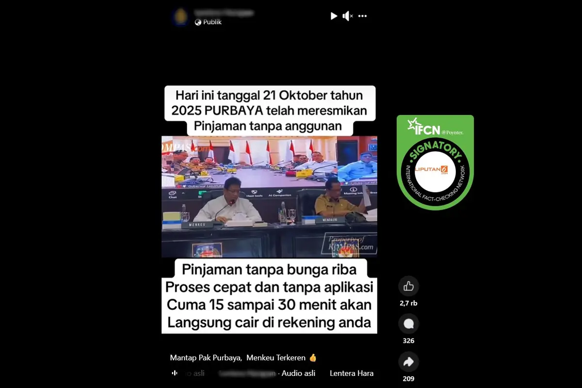 Tangkapan layar klaim video Menkeu Purbaya meresmikan pinjaman tanpa bunga yang beredar di Facebook.