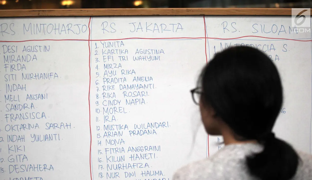 Seorang wanita melihat nama-nama korban ambruknya balkon di Tower II Bursa Efek Indonesia, Jakarta, Senin (15/1). Jumlah korban luka akibat ambruknya balkon tower II BEI mencapai 77 orang. (Liputan6.com/Arya Manggala)
