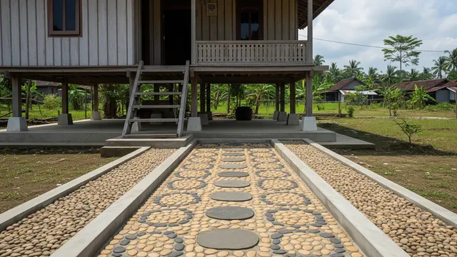 Desain Rumah Desa dengan Batu Terapi Kaki Depan Teras