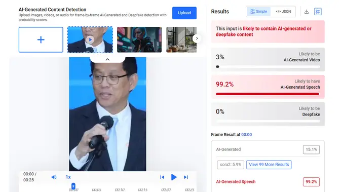 Video dan audio klaim Menkeu Purbaya mmengumumkan proses pengambilan dana bantuan menunjukkan hasil AI. (Foto: tangkapan layar Hive Moderation)
