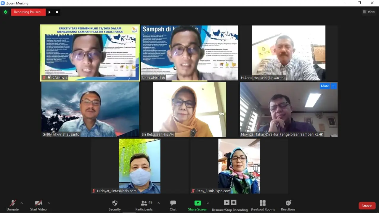 Webinar Efektivitas Permen KLHK 75/2019 Dalam Mengurangi Sampah Plastik Sekali Pakai. (Istimewa)