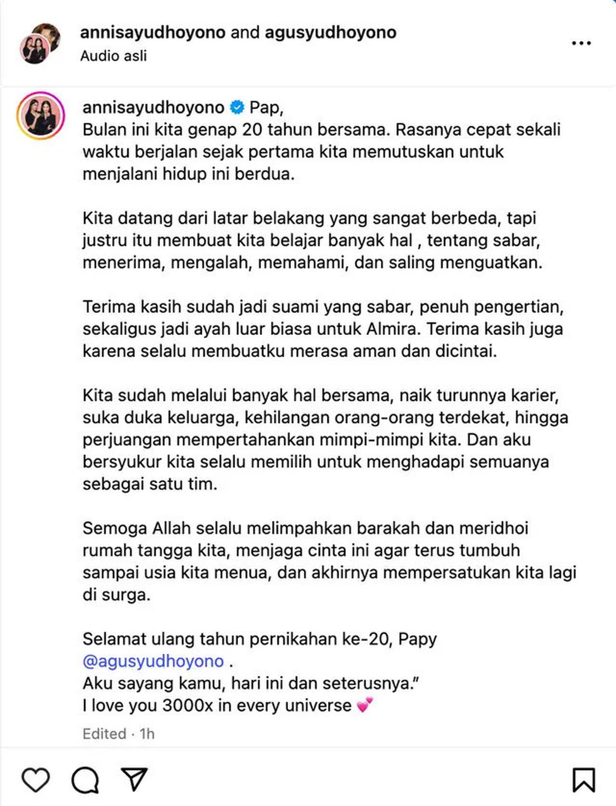 Pesan Romantis Annisa Pohan Rayakan 20 Tahun Menikah dengan AHY: I Love You 3.000X in Every Universe