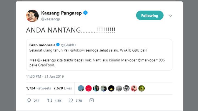 Kaesang membalas cuitan Grabfood (Twitter: @kaesangp