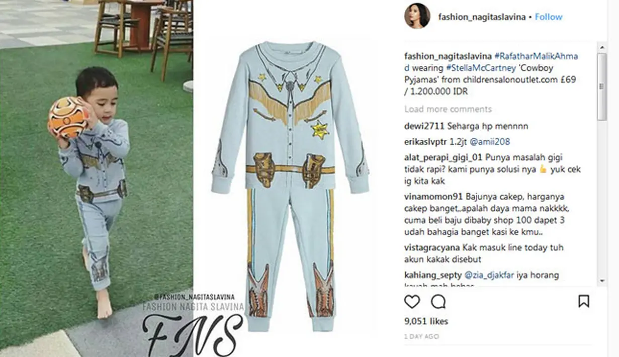 Contohnya adalah piyama yang dipakai Rafathar saat bermain bola ini memiliki harga mencapai Rp. 1.200.000. Dari kasat mata piyama ini terlihat seperti biasa saja namun nyatanya harganya selangit. (Instagram/fashion_nagitaslavina)