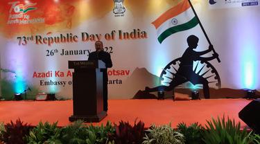 Duta Besar India untuk Indonesia Manoj Kumar Bharti dalam perayaan Hari Kemerdekaan India ke-73 di Jakarta. (Liputan6.com/Tanti Yulianingsih)