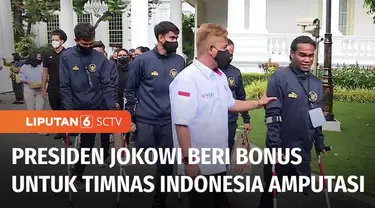 Presiden Jokowi menerima pengurus, atlet, dan pelatih Persatuan Sepak Bola Amputasi Indonesia yang akan berlaga di Piala Dunia Sepak Bola Amputasi 2022. Pada kesempatan ini, Presiden Jokowi menambah uang saku sebesar Rp 500 juta.