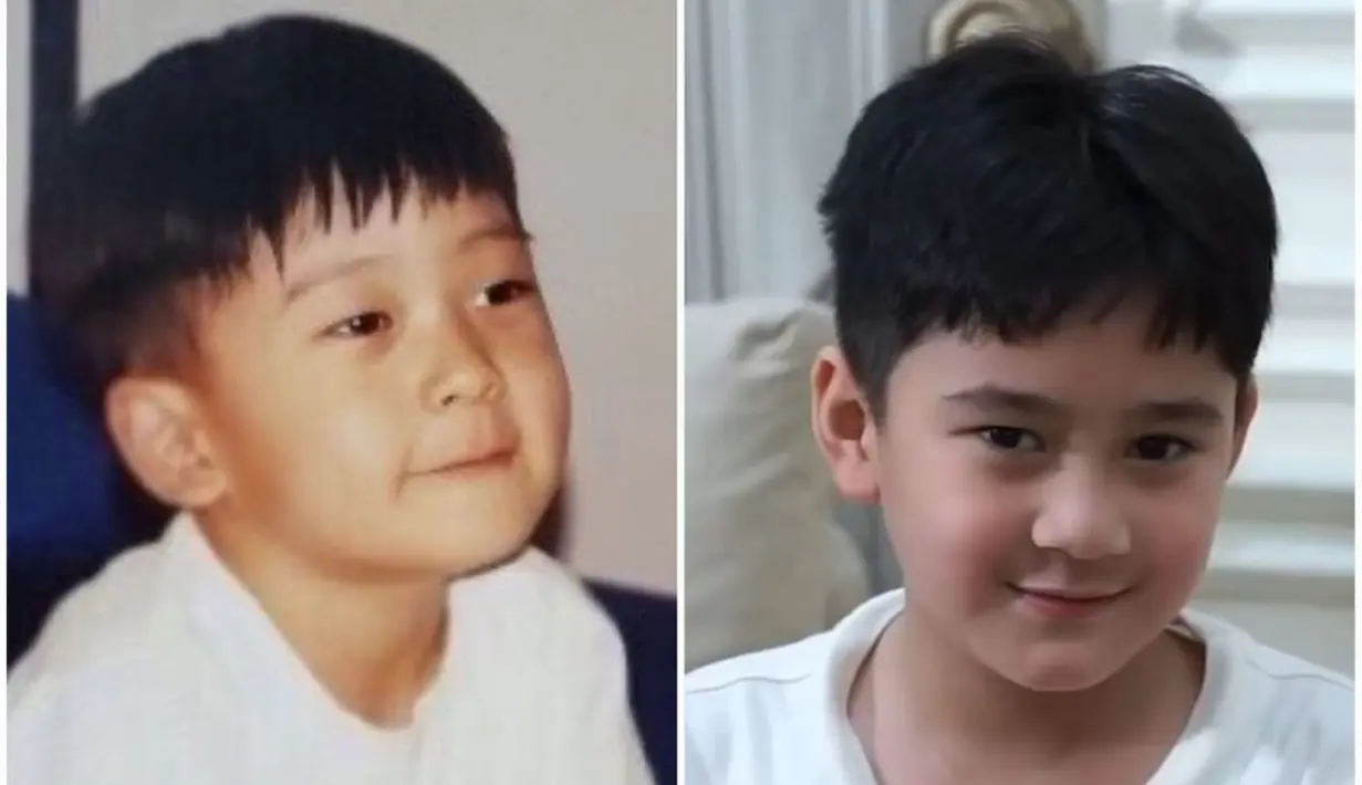 Penggemar juga sering kali mengkomparasi foto Jaehyun di masa kecil dengan Rafathar. Foto ini salah satunya. "Jeong rafathar and jaehyun ahmad content soon," kata @waffleety (Foto: Twitter/ @waffleety)