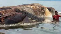 Bangkai makhluk raksasa yang terdampar di pantai Maluku (Abhy Hafik/Facebook)