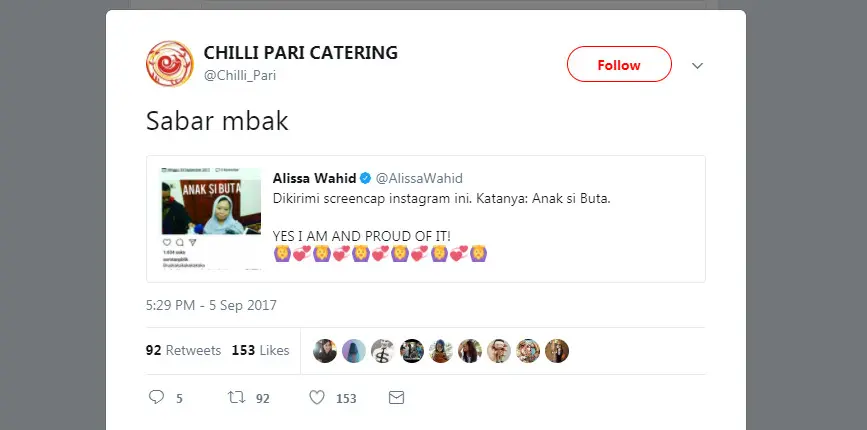 Unggahan Gibran Rakabuming Raka untuk menghibur Alissa Wahid (Foto: @Chili_Pari)