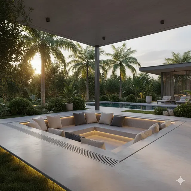 Teras Semi-Outdoor dengan Sunken Seating (Gemini AI)