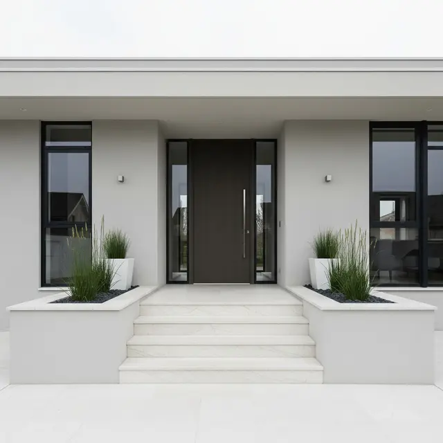 Model Rumah Minimalis dengan Tangga Depan Batu Alam (Image by Gemini AI)