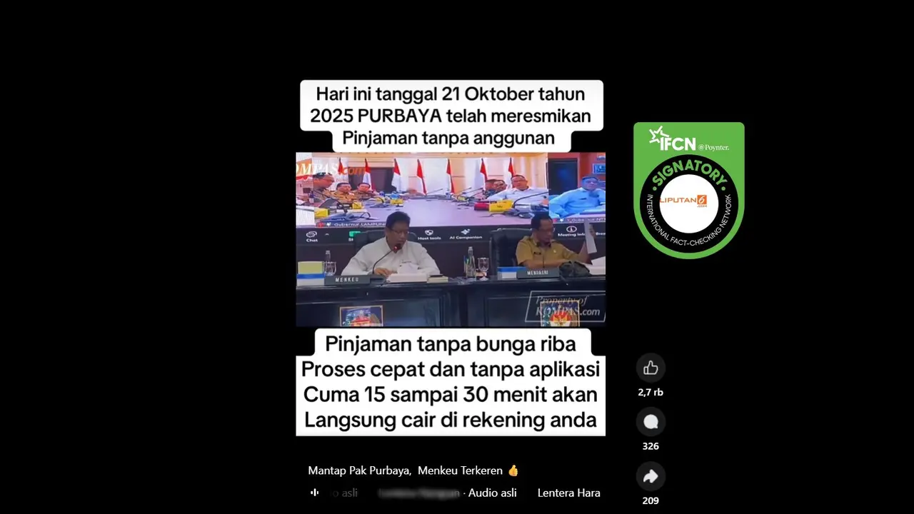 Tangkapan layar klaim video Menkeu Purbaya meresmikan pinjaman tanpa bunga yang beredar di Facebook.