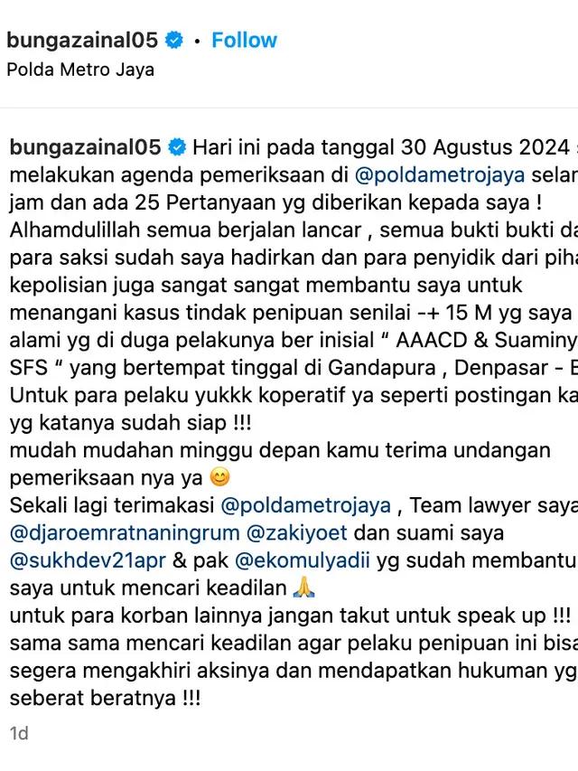 Unggahan Bunga Zainal. (Foto: Dok. Aldo Sinarta dari Instagram @bungazainal05)