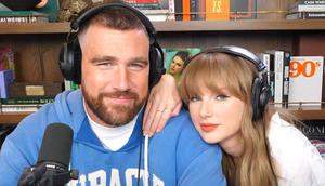 Taylor Swift and Travis Kelce on "New Heights"./Credit : New Heights/YouTube