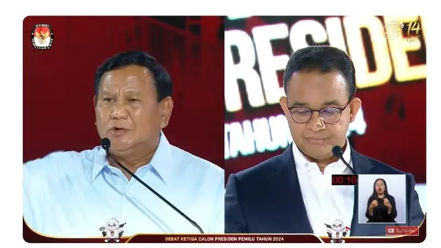 Calon presiden nomor 1 Anies Baswedan, dan capres nomor urut 2 Prabowo Subianto saat debat capres ketiga yang digelar KPU pada Minggu (7/1/2024) di Istora, Senayan, Jakarta.