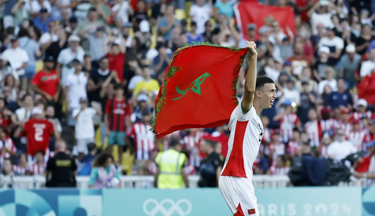 Maroko berhasil merebut perunggu sepak bola Olimpiade 2024 usai mengalahkan Mesir 6-0 pada laga yang berlangsung di stadion Louis Fonteneau, Kamis (8/8/2024). (AP Photo/Jeremias Gonzalez)