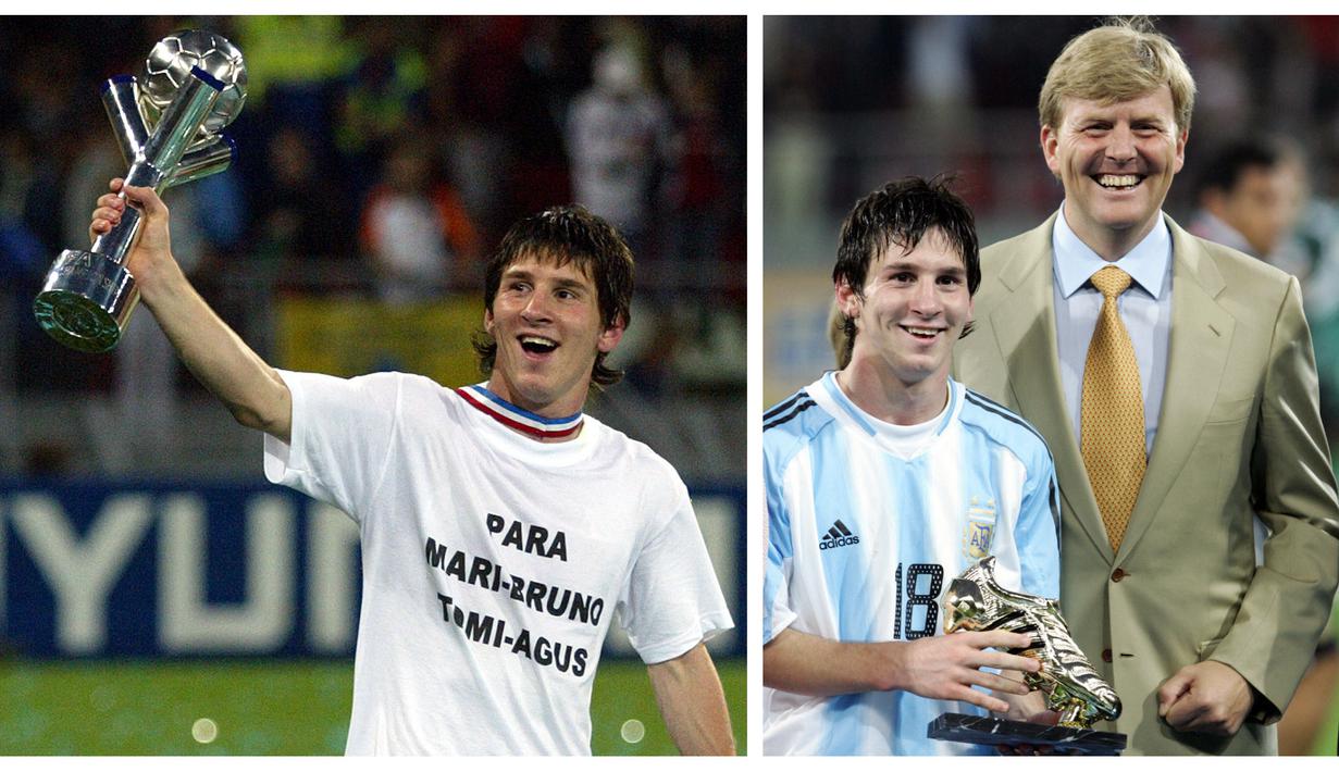<p>Foto kolase pemain Timnas Argentina, Lione Messi saat memegang trofi Piala Dunia U-20 dan Golden Boot setelah timnya behasil memenangi ajang tersebut yang berlangsung di Utrecht, Belanda, 2 Juli 2005. Messi tercatat berhasil mengemas 5 gol. Selain itu, ia juga sukses menyabet gelar Golden Ball berkat penampilan apiknya. (AFP/John Thys)</p>