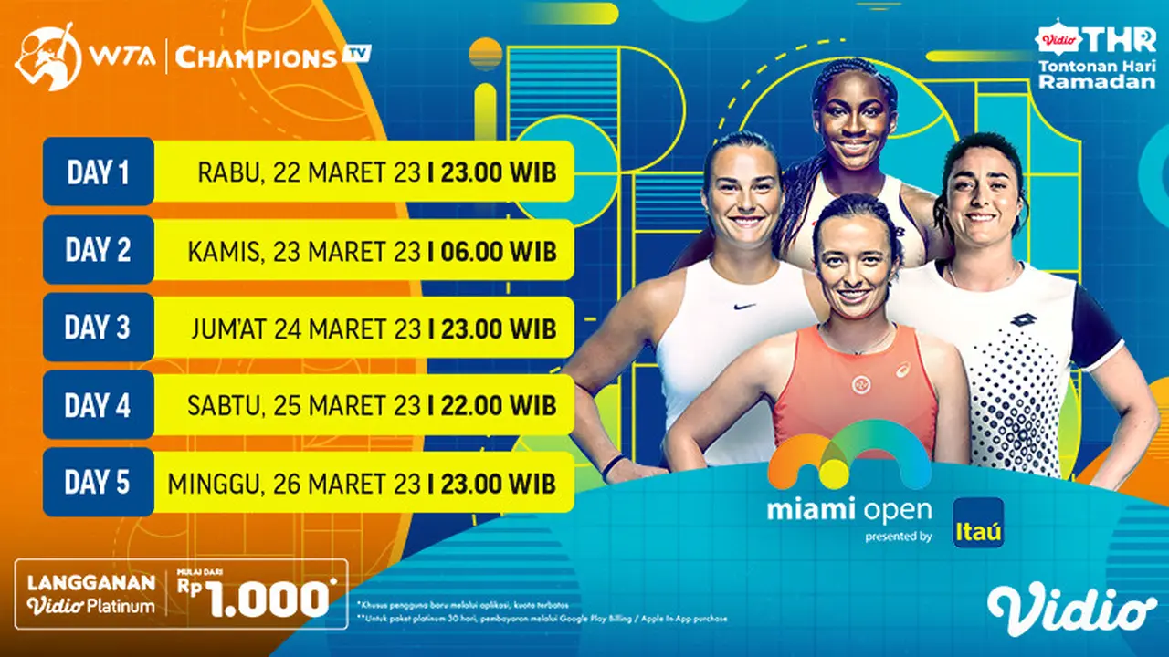 Saksikan Live Streaming WTA 1000 Miami Open 2023 di Vidio, 22 sampai 26 Maret 2023