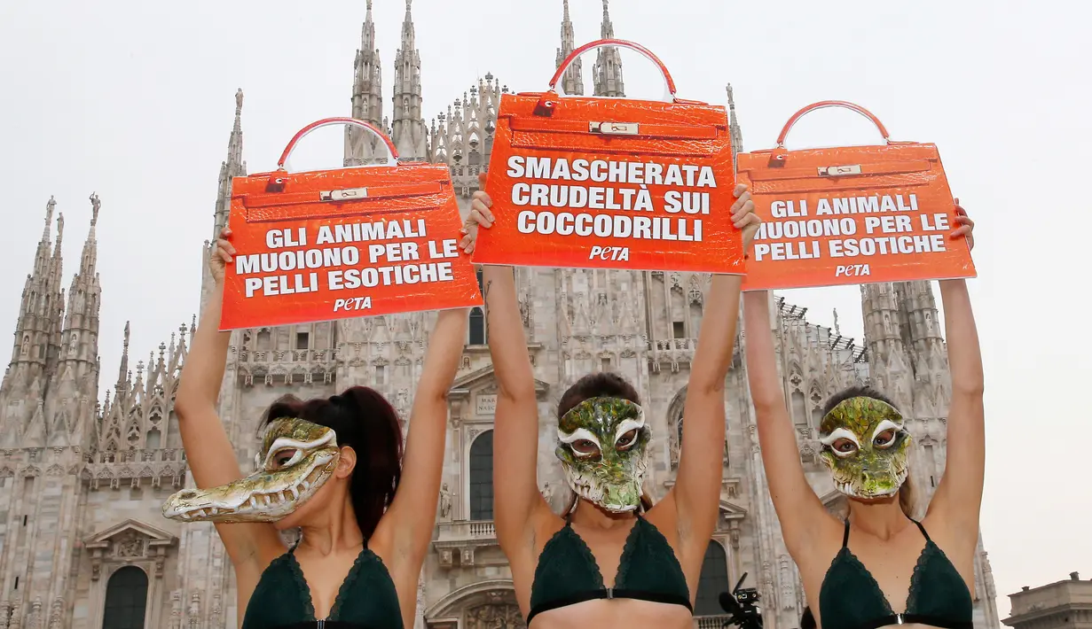 Aktivis PETA (People for the Ethical Treatment of Animals) menunjukkan poster berbentuk tas berisi kecaman mereka untuk para brand fashion yang menggunakan kulit hewan, Italia, Selasa (21/2). (AP Photo/Antonio Calanni)