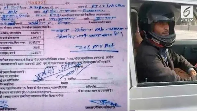 Seorang pria di India menggunakan helm saat menyetir mobil di India. Kejadian ini terungkap saat polisi sedang melakukan razia.