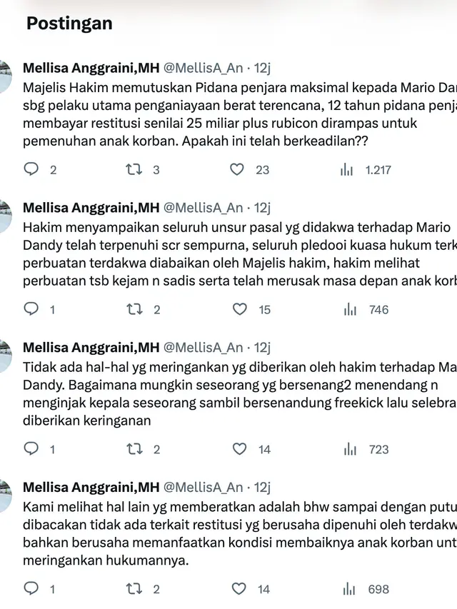 Unggahan Mellisa Anggraini pengacara David Ozora. (Foto: Dok. Twitter @MellisA_An)