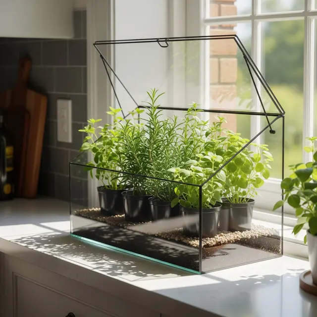 Desain Edible Garden Mini di Dapur Dekat Jendela untuk Bumbu Segar (AI )