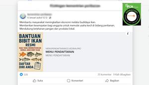 Tangkapan layar klaim link pendaftaran untuk mendapatkan bantuan bibit ikan yang beredar di Facebook. Cek faktanya