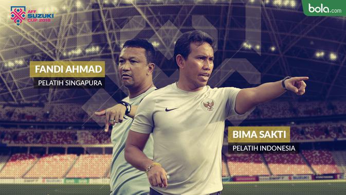Pelatih Timnas Singapura dan Indonesia  yang akan bertemu pada laga perdana Grup B Piala AFF 2018, Fandi Ahmad dan Bima Sakti. (Bola.com/Dody Iryawan)