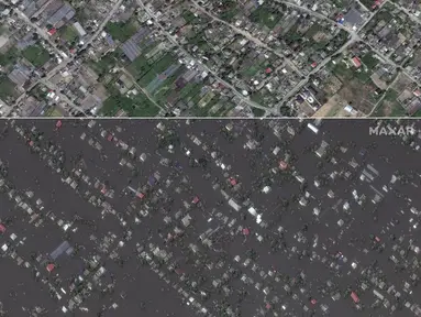 Kombinasi foto yang disediakan oleh Maxar Technologies ini menunjukkan kondisi wilayah Oleshky, Ukraina, sebelum banjir pada 15 Mei 2023 (atas) dan setelah banjir pada 7 Juni 2023. (Satellite image &copy;2023 Maxar Technologies via AP)