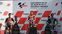 Podium MotoGP Emilia Romagna 2021 di mana Marc Marquez keluar sebagai pemenang. (ANDREAS SOLARO / AFP)