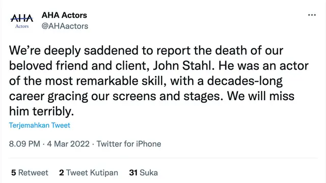 John Stahl meninggal dunia dikabarkan AHA Actors via Twitter. (Foto: Dok. Twitter @AHAactors)