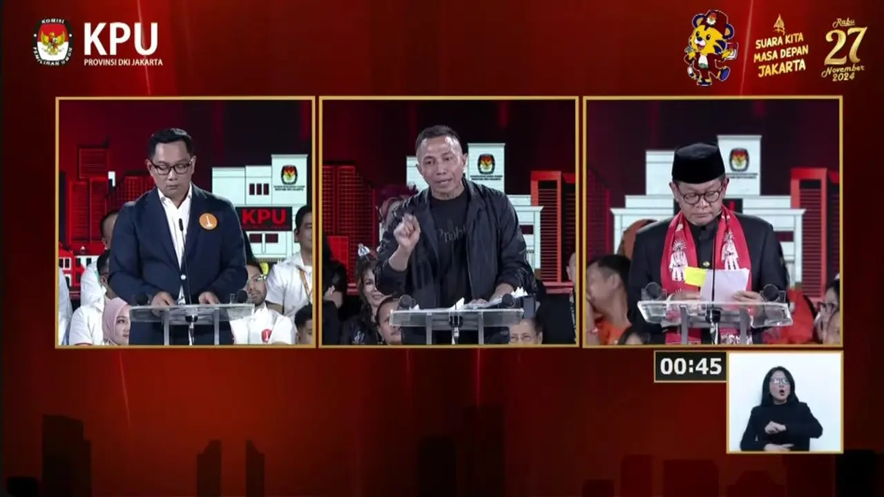 Calon gubernur (Cagub) nomor urut 1 Ridwan Kamil, Cagub nomor urut 2 Dharma Pongrekun, dan Cagub nomor urut 3 Pramono Anung saat debat terakhir atau debat ketiga Pilkada Jakarta 2024.