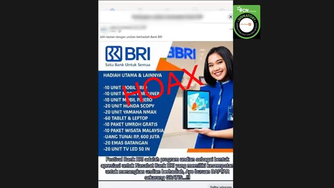 Cek Fakta Tautan Pendaftaran Undian Berhadiah Bank BRI Ditemukan Berasal dari Penipuan