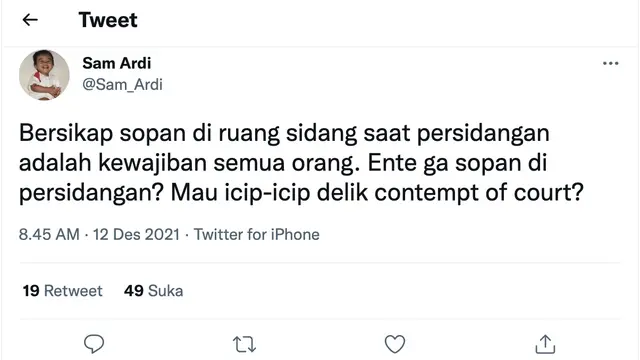 Tanggapan Sam Ardi soal kontroversi Rachel Vennya sopan. (Foto> Dok. Twitter @Sam_Ardi)