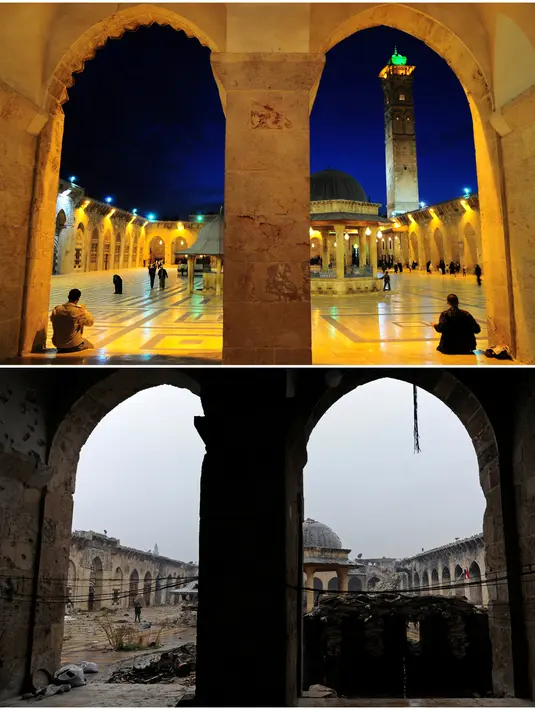 Sebuah gambar kombinasi menunjukkan halaman masjid Umayyah sebelum (12/03/2009) dan sesudah perang (13/12/2016) di Aleppo, Suriah. (REUTERS / Omar Sanadiki) 