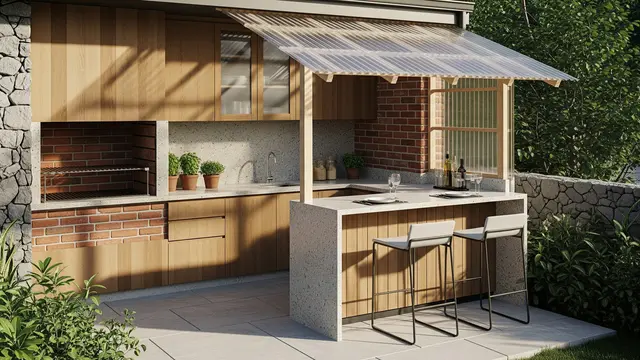 Dapur Semi Outdoor dengan Bar Mini untuk Berkupul dengan Keluarga
