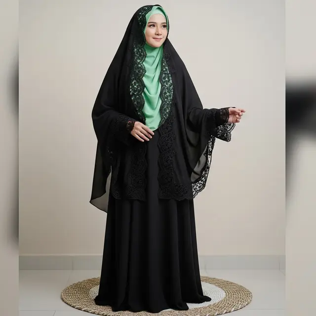 Gamis Syar'i Hitam dengan Renda pada Khimar dan Lengan