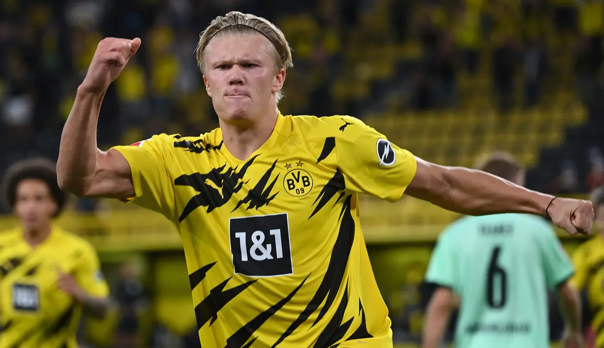 1. Erling Braut Haaland (6 gol) - Erling Haaland terus menunjukan ketajamannya bersama Borussia Dortmund di kompetisi Liga Champions musim ini. Penyerang berusia 20 tahun ini telah mengoleksi enam gol dan dipastikan akan terus bertambah. (AFP/Ina Fassbender)